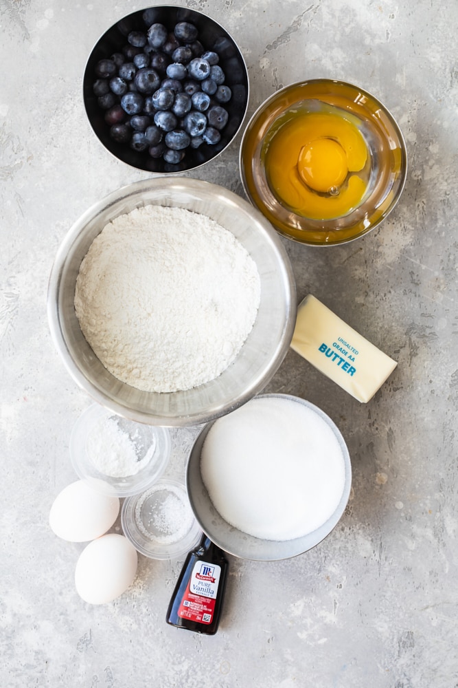 Overhead view of blueberry crumb cake ingredients