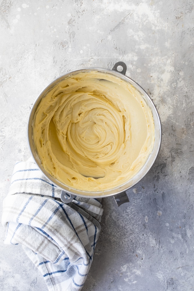 Overhead view of cake batter in mixing bowl