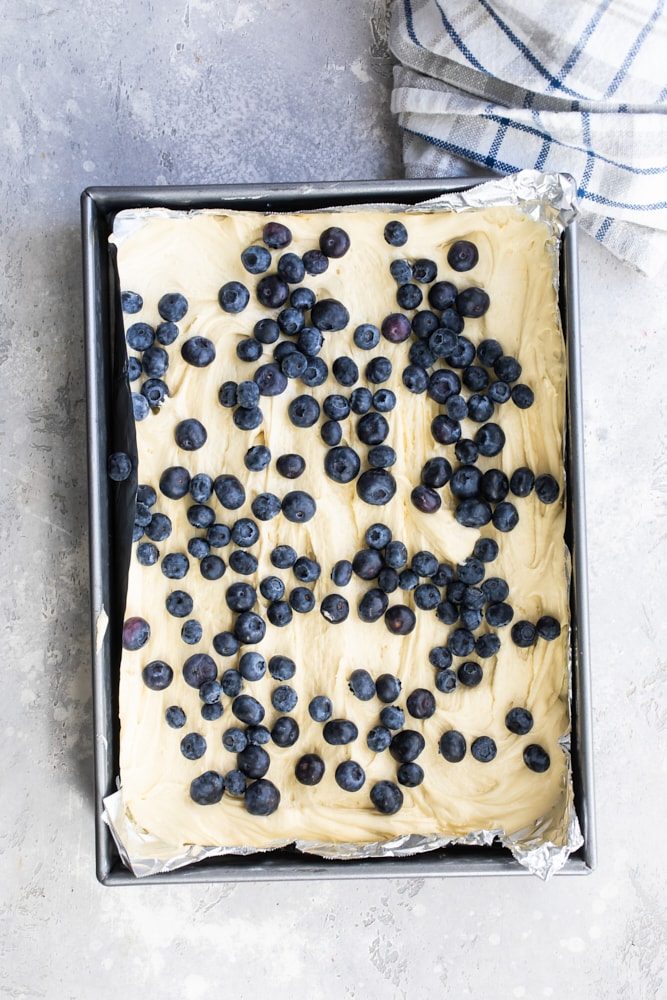 overhead view of Blueberry Crumb Cake batter topped with blueberries