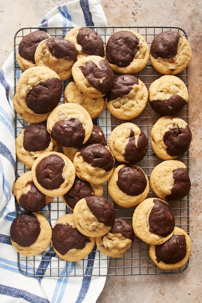 overhead view of Chocolate Peanut Butter Swirl Cookies on a wire cooling rack