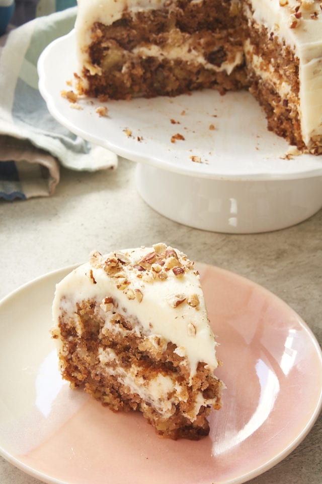 slice of 6-Inch Hummingbird Cake on a pink and white plate