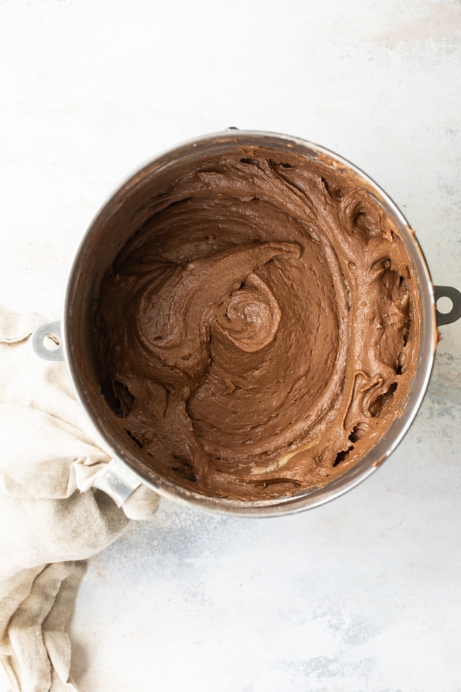 mixed batter for Mexican Chocolate Cupcakes in a stand mixer bowl