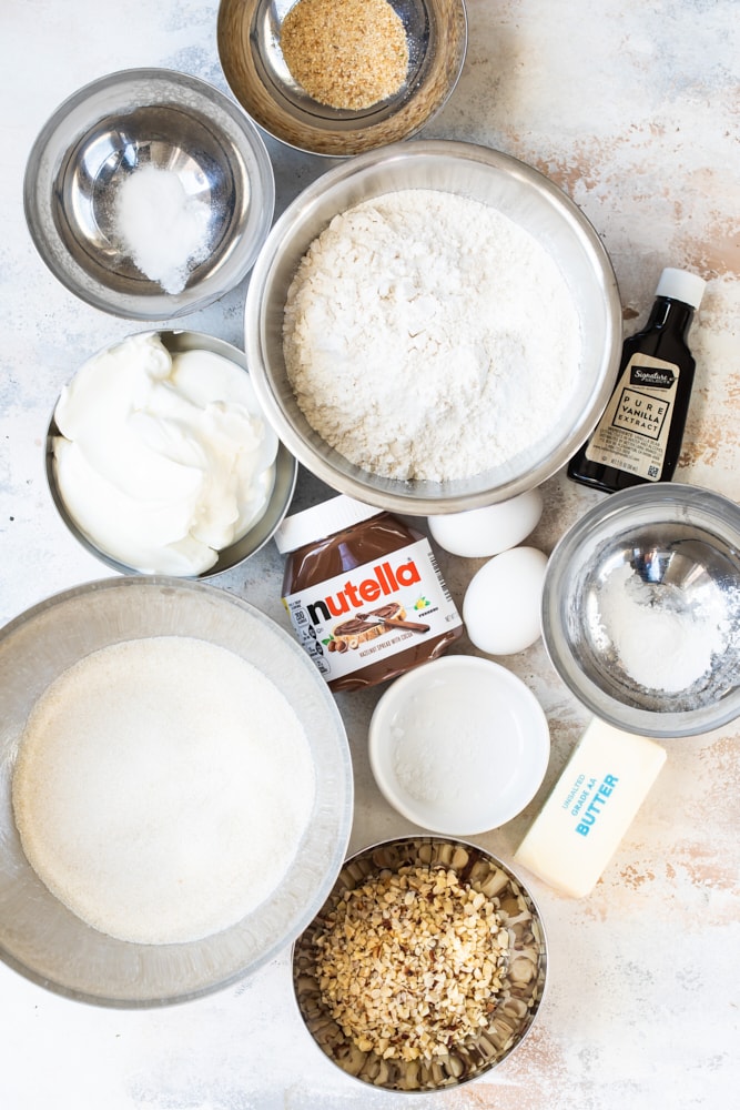 overhead view of ingredients for Sour Cream Hazelnut Bundt Cake