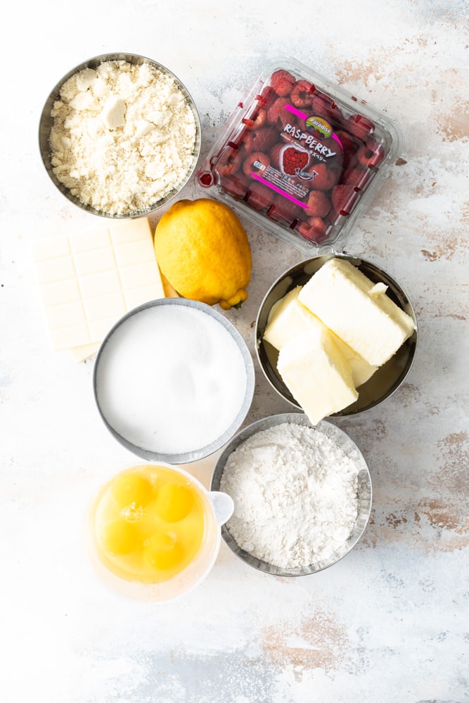 Ingredients for raspberry white chocolate almond loaf.