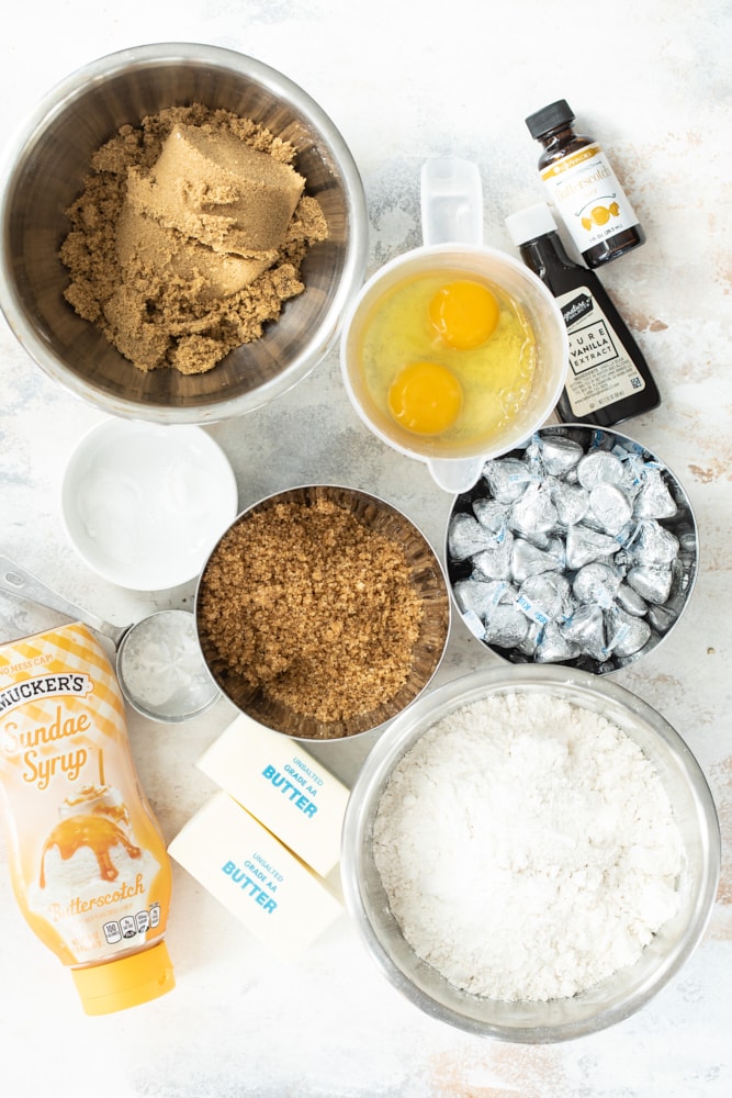 overhead view of ingredients for Chocolate Caramel Kiss Cookies