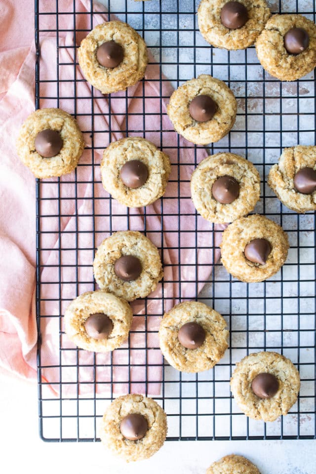 overhead view of Chocolate Caramel Kiss Cookies on a wire cooling rack