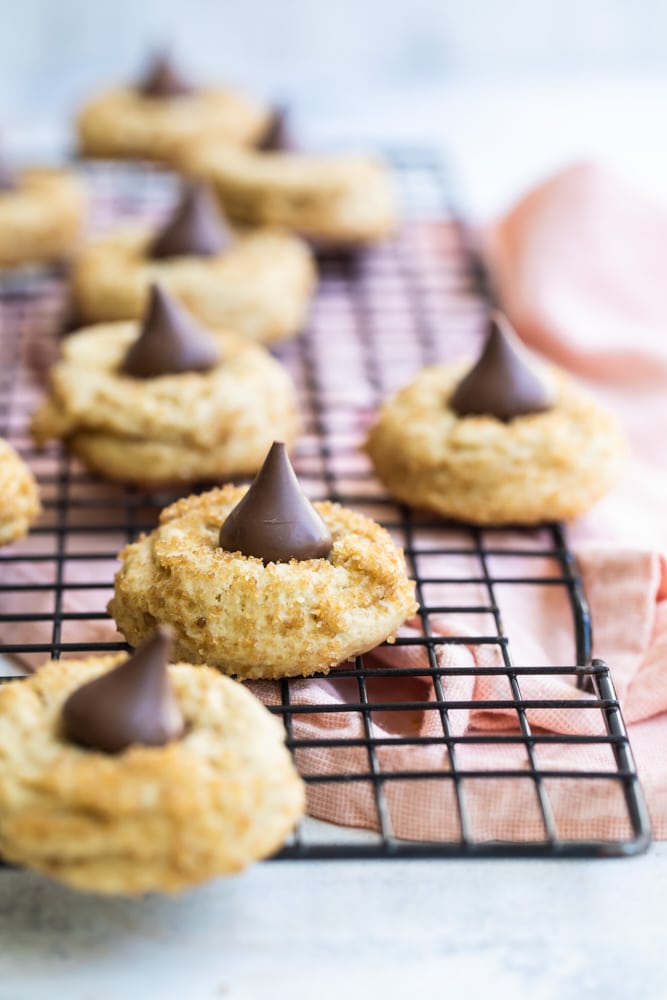 Chocolate Caramel Kiss Cookies on a wire cooling rack