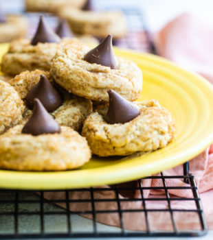 Chocolate Caramel Kiss Cookies on a yellow plate
