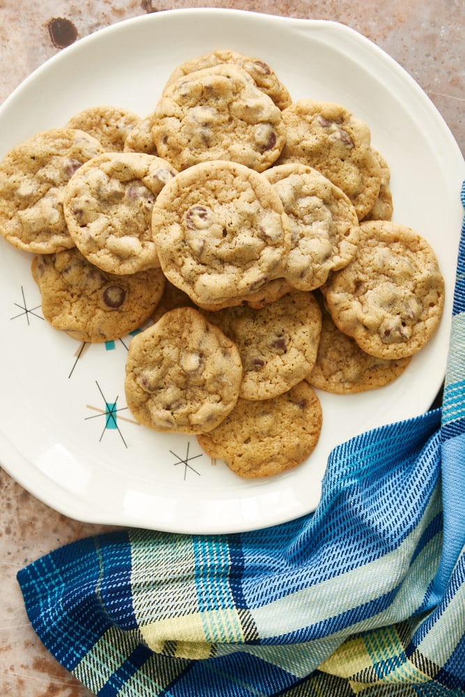 overhead view of Greek Yogurt Chocolate Chip Cookies on a white plate