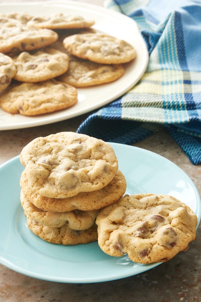 stack of Greek Yogurt Chocolate Chip Cookies on a blue plate