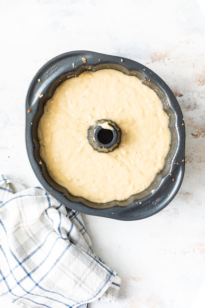 Overhead view of cake batter in Bundt pan