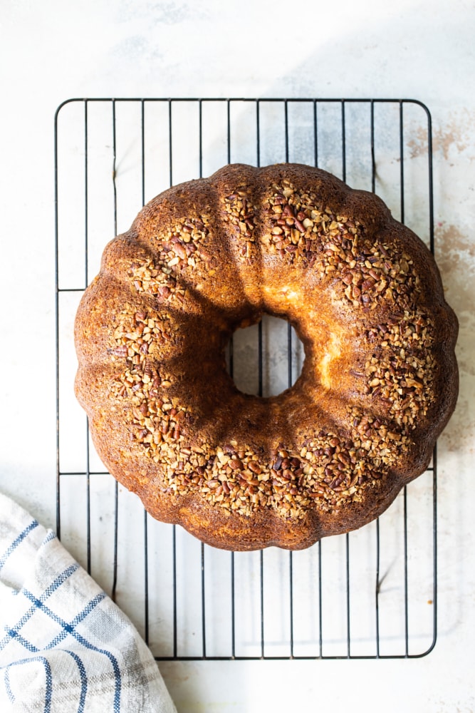 overhead view of Hummingbird Bundt Cake on a wire rack