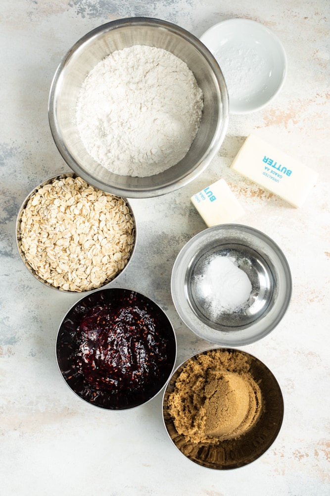 overhead view of ingredients for Raspberry Bars