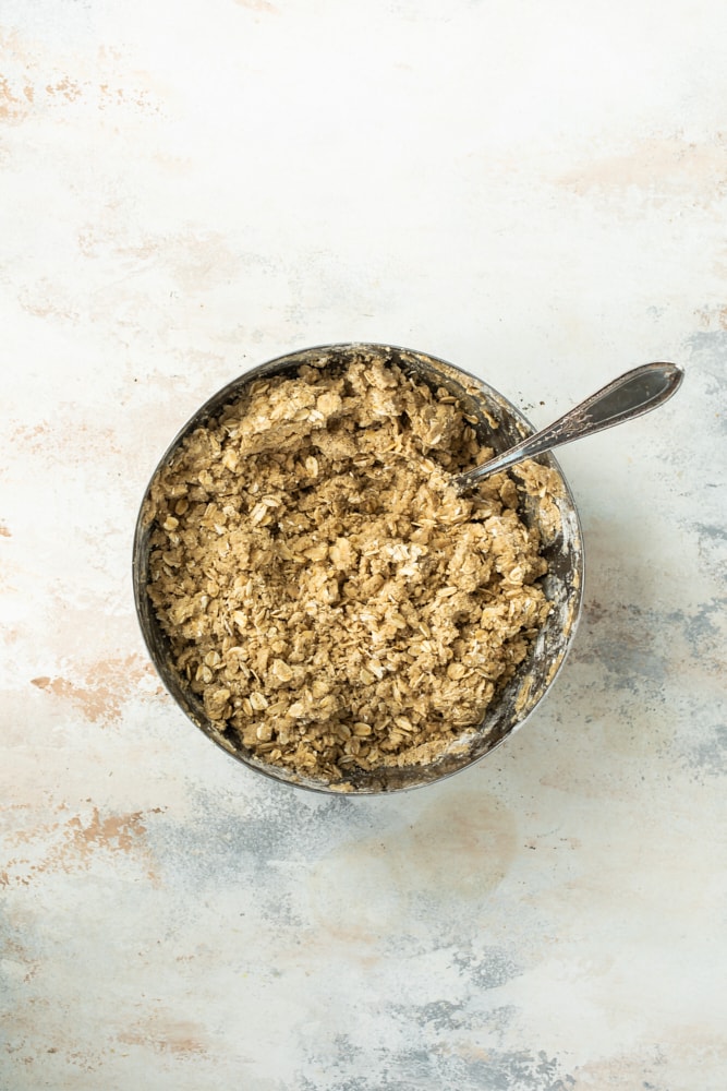 overhead view of crust mixture for Raspberry Bars