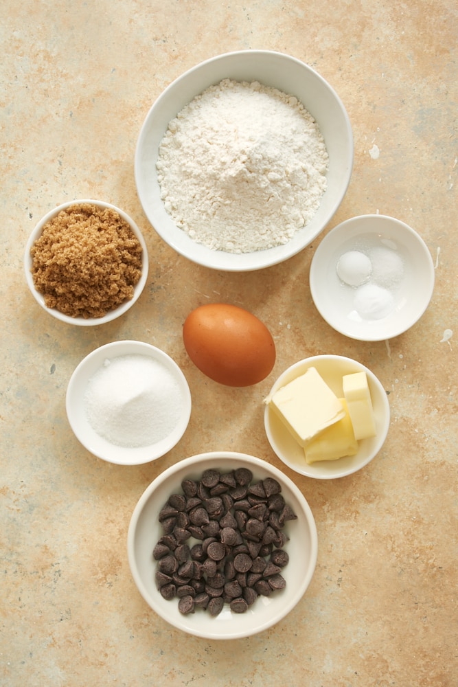 The ingredients for small batch chocolate chip cookies.