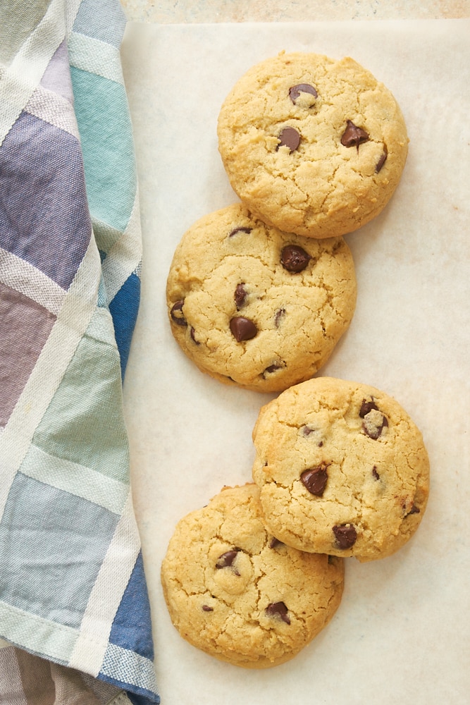 overhead view of Small Batch Chocolate Chip Cookies on white parchment paper