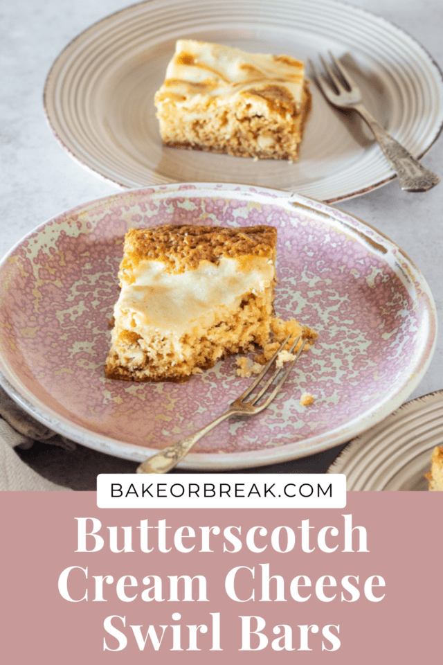 Butterscotch Cream Cheese Swirl Bars on plates with forks.