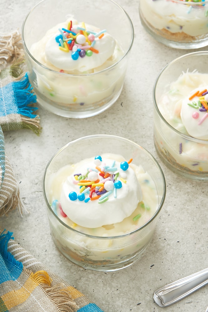 Celebration No-Bake Cheesecakes served in clear glasses