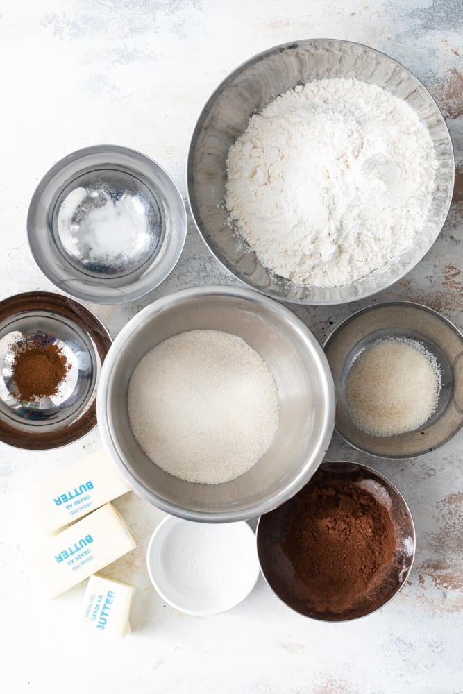 Overhead view of ingredients for chocolate shortbread.