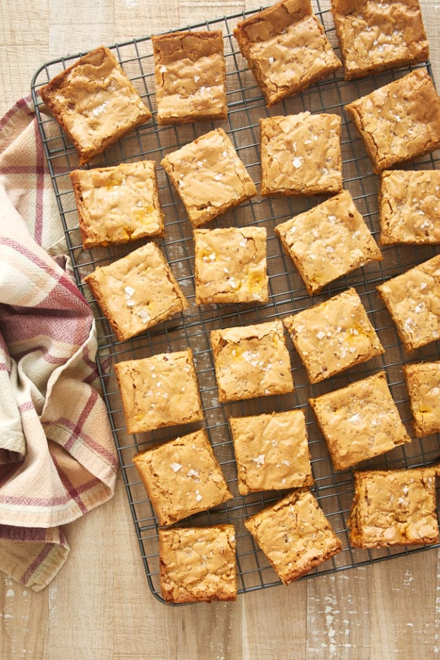 overhead view of sliced Salted Butterscotch Blondies on a wire rack