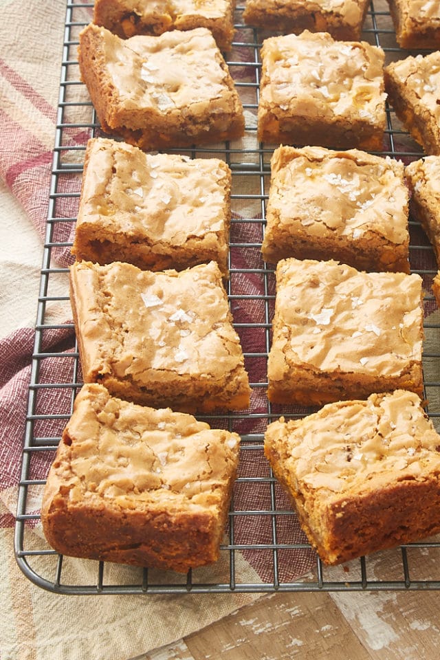 Salted Butterscotch Blondies on a wire rack