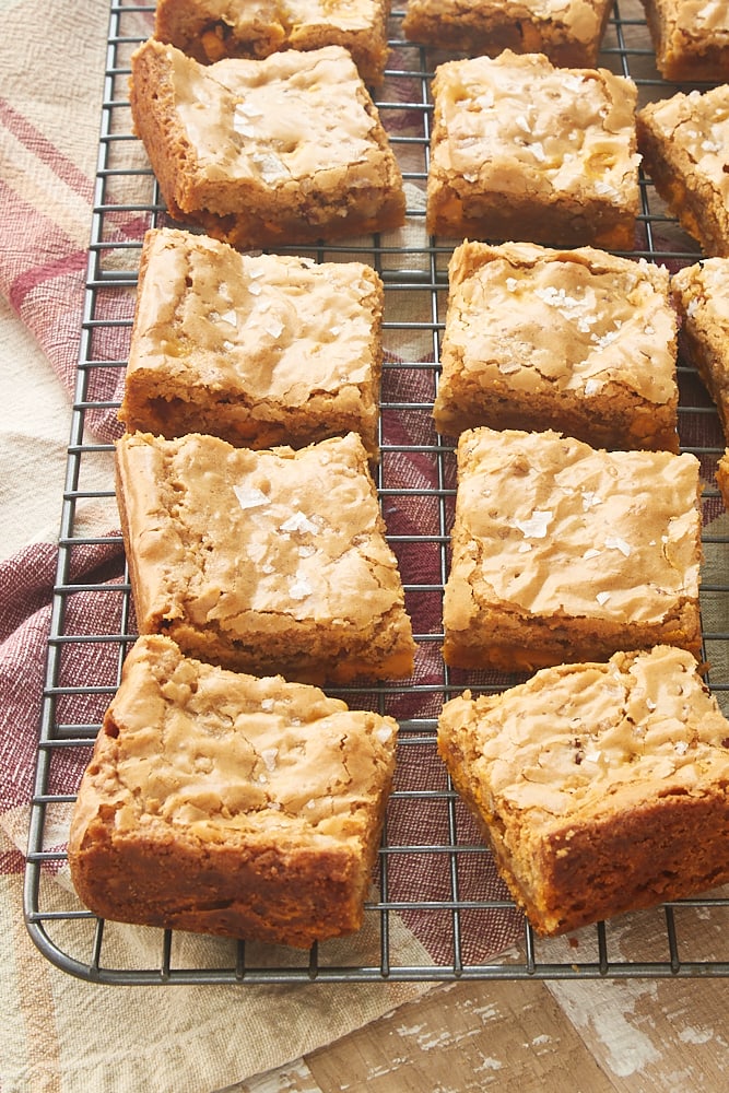 Salted Butterscotch Blondies on a wire rack