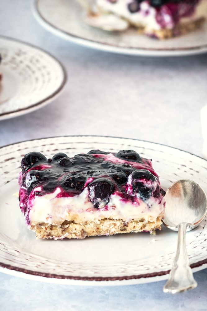 servings of Blueberry Jamboree on white and gray plates