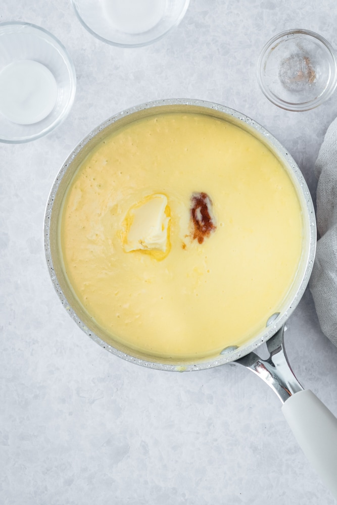 Overhead view of pastry cream in saucepan