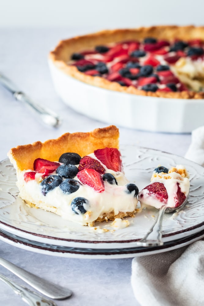 slice of Fresh Berry Tart on a gray and white plate