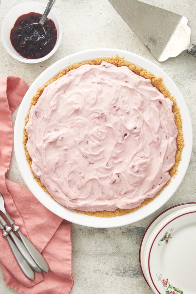 overhead view of Cherry Vanilla No-Bake Pie in a white pie plate