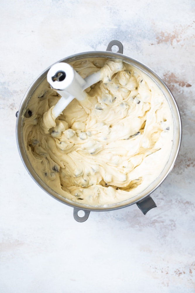 overhead view of Chocolate Chip Almond Cake batter in a mixing bowl