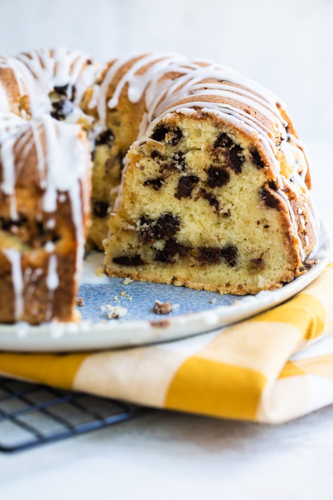 Chocolate Chip Almond Cake on a cake plate