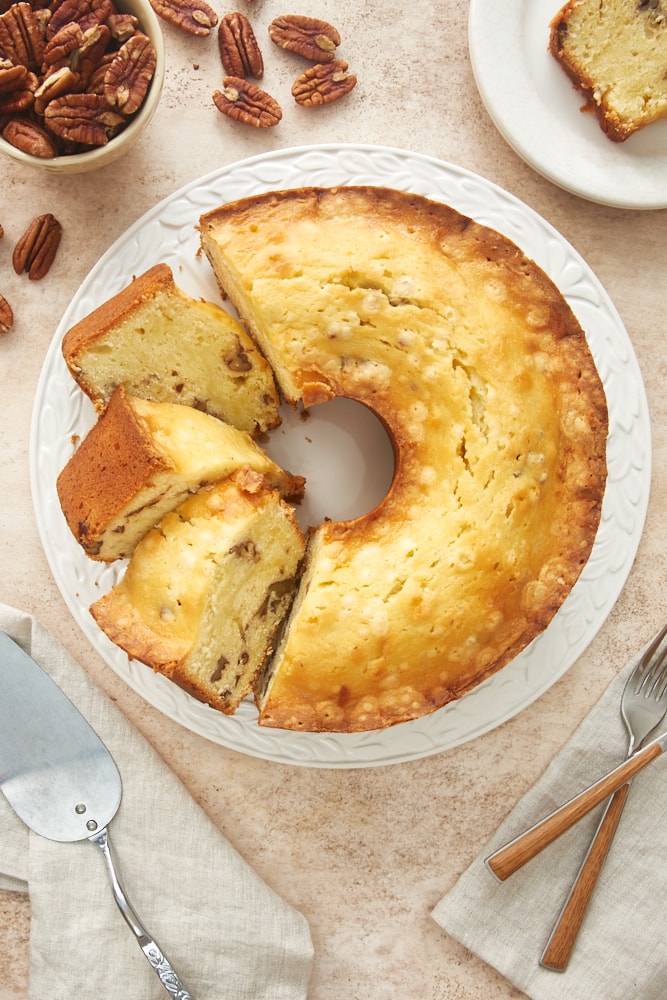 overhead view of Cream Cheese Pound Cake on a white cake plate