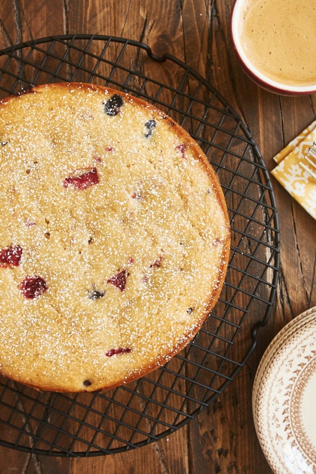 overhead view of Berry Muffin Cake on a wire rack