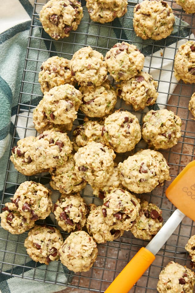 overhead view of Zucchini Oatmeal Chocolate Chip Cookies on a wire cooling rack