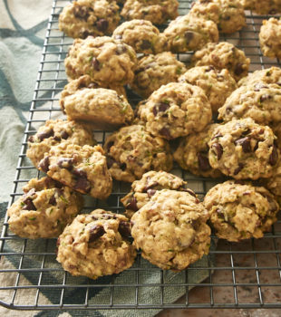 Zucchini Oatmeal Chocolate Chip Cookies on a wire cooling rack