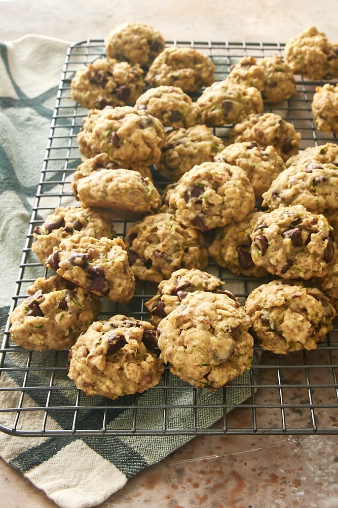Zucchini Oatmeal Chocolate Chip Cookies on a wire cooling rack