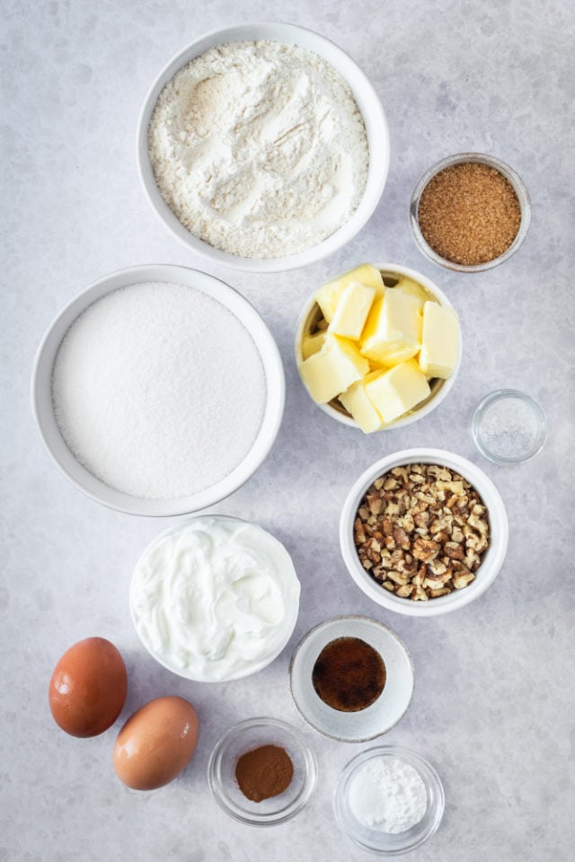 overhead view of ingredients for Sour Cream Coffee Cake Muffins