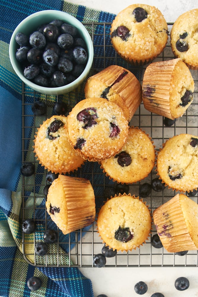 Overhead view of blueberry muffins on a wire rack.