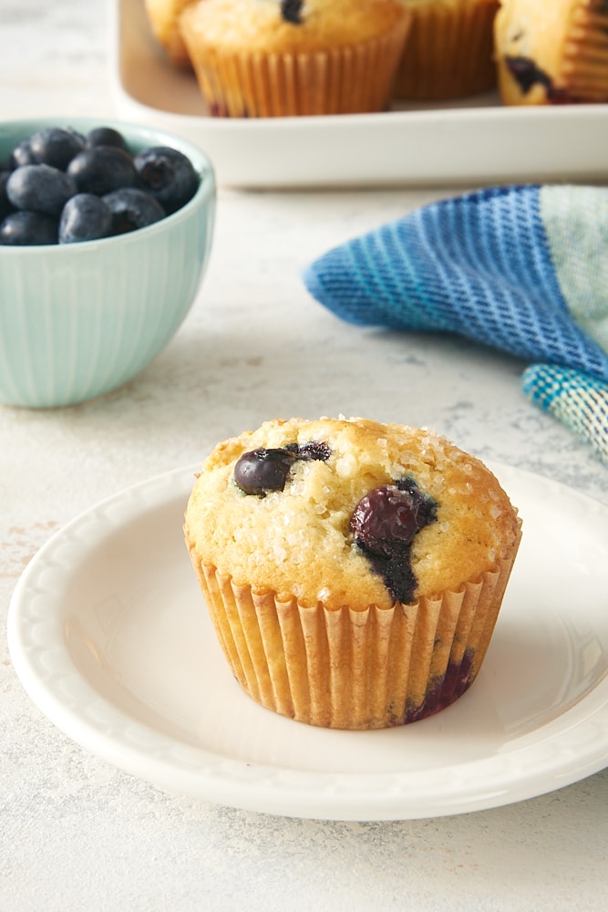 A Pineapple Blueberry Muffin on a white plate.