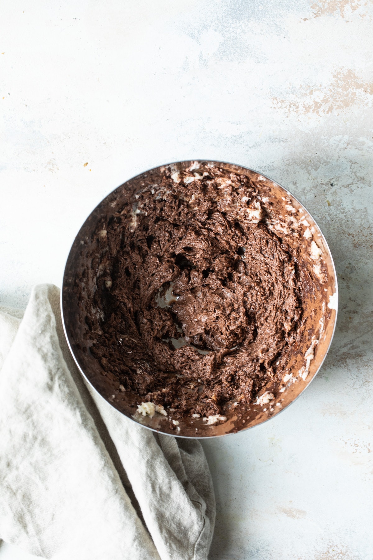 mixing bowl with cocoa cookie dough