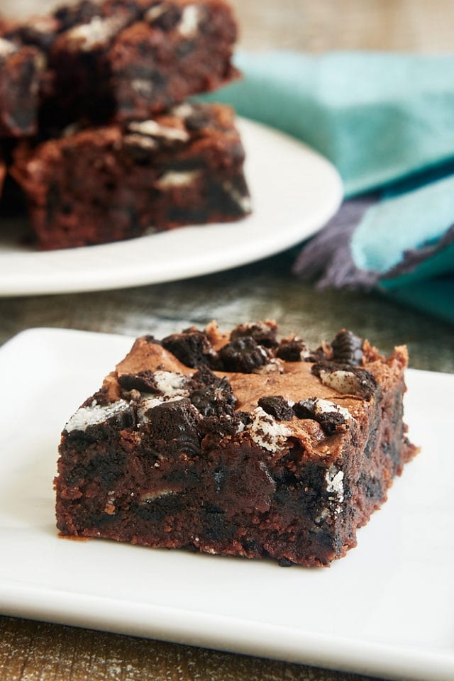 a Cookies and Cream Brownie on a white plate