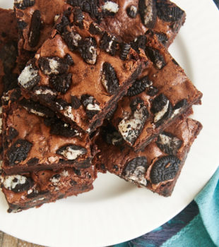 overhead view of Cookies and Cream Brownies on a white plate