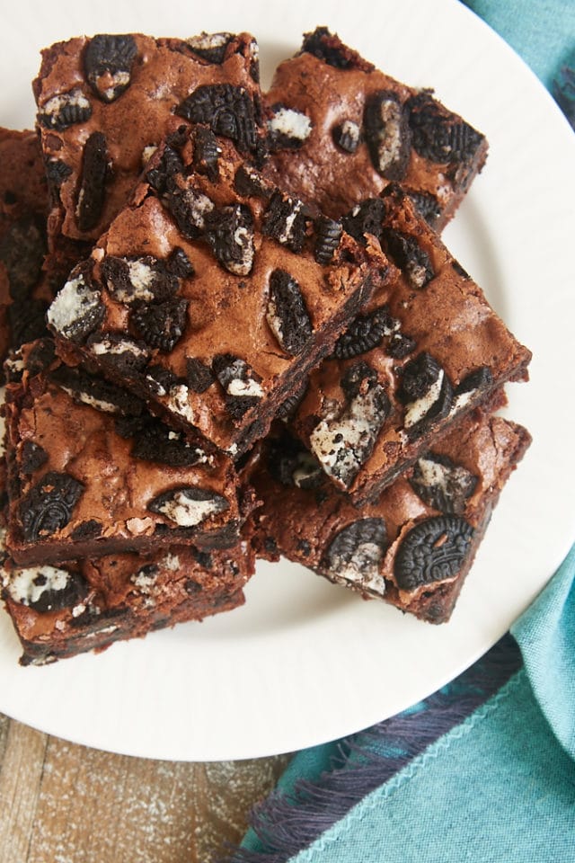 overhead view of Cookies and Cream Brownies on a white plate