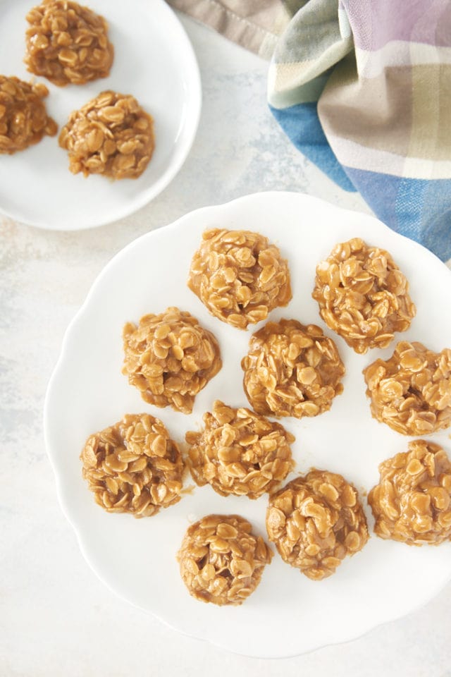 overhead view of no bake peanut butter oatmeal cookies on a white pedestal