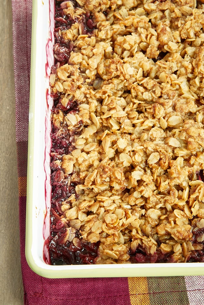 overhead view of fruit crisp in a baking pan