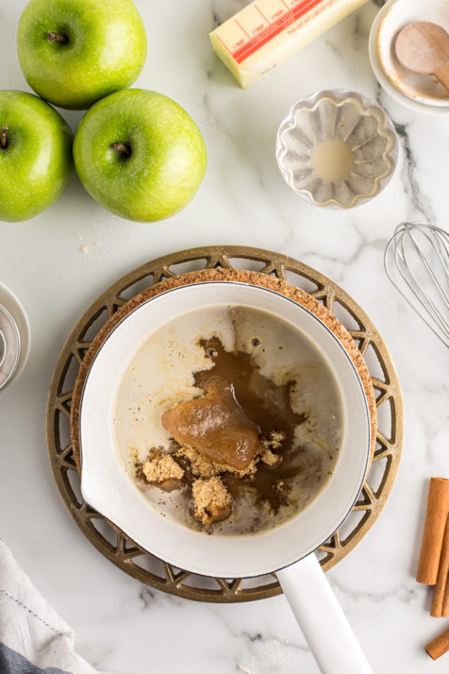 ingredients for caramel glaze in a saucepan