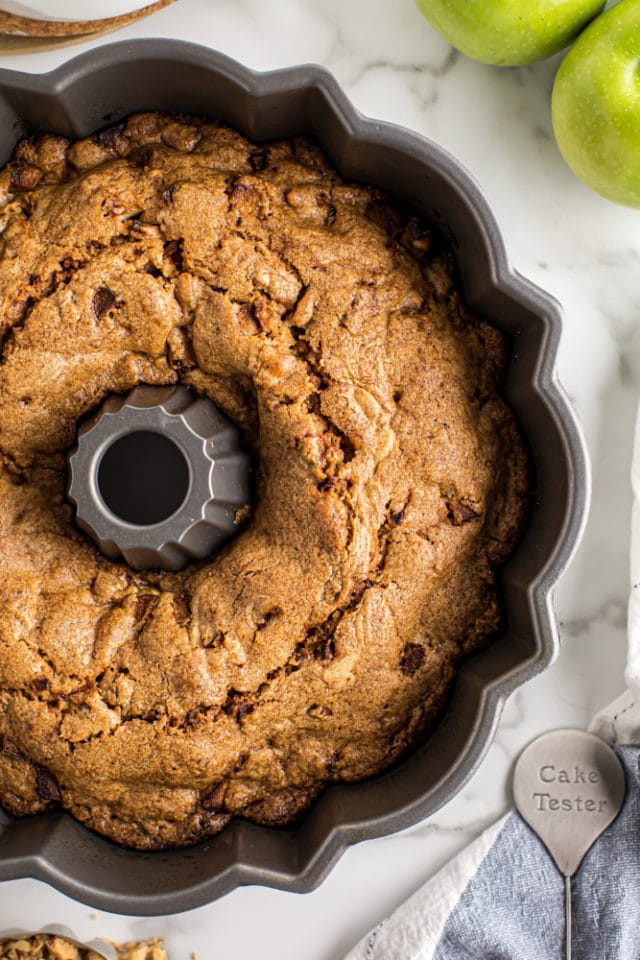 overhead view of Apple Spice Cake in a Bundt pan