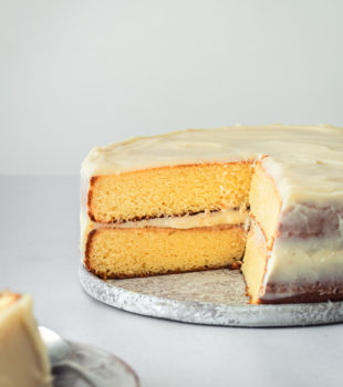 Caramel Cake with Caramel Cream Cheese Frosting with slices removed