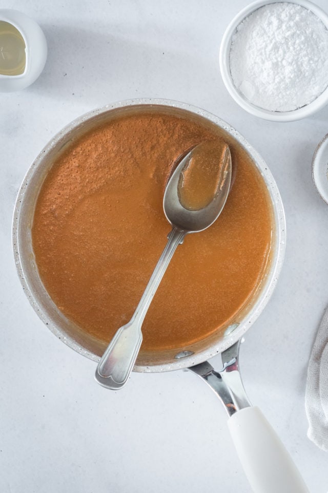 Overhead shot of caramel in a saucepan.